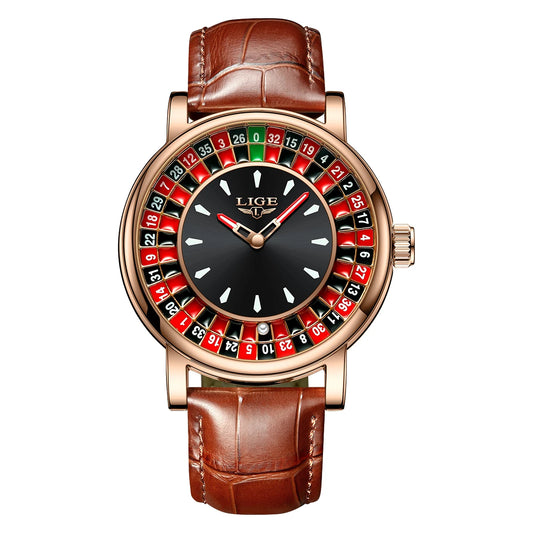 Fashion Brown Leather Men Watch Rotating Dial Las Vegas Roulette Desktop Theme Watch Men Waterproof Luminous Clock Watches